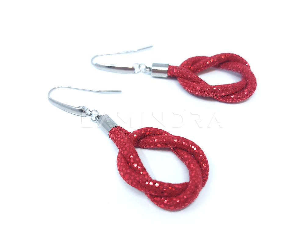 Fülbevalók, kézműves ékszerek: FU061, Nemesacél akasztós fülbevaló piros csillámos Eco-bőrrel